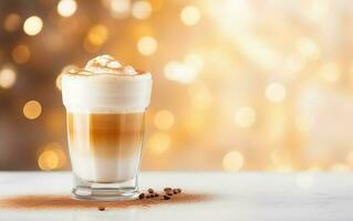 vidro do café com leite com canela e açoitado creme, borrado espumante ouro fundo com lindo bokeh, festivo atmosfera, café feijões e canela pó em a mesa. ai generativo foto