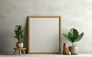 esvaziar quadro, Armação com cópia de espaço em bege tom parede com flores dentro vaso, em branco vertical quadro, minimalista Projeto cena, moderno interior brincar, ai generativo foto