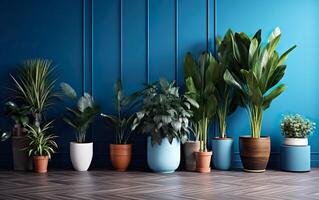 a interior em vaso plantas decoração dentro moderno quarto com uma de madeira chão e azul muro. ai generativo foto