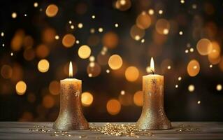 romântico dourado velas em mesa com brilho. borrado espumante bokeh fundo. Natal luzes. ai generativo foto