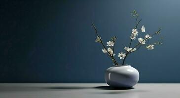 branco cerâmico vaso com florescendo flores galhos dentro luz solar a partir de janela em Sombrio azul parede, sombra, para decoração, luxo Cosmético, cuidados com a pele, beleza produtos fundo mostrar, ai generativo foto