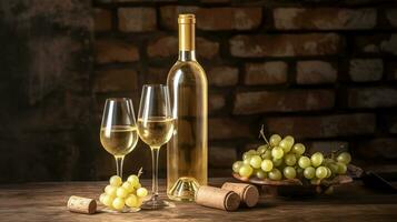 Fechado vintage garrafa do branco vinho sem rótulo e cachos do maduro orgânico uvas em manchado madeira mesa fundo. caro garrafa do chardonnay conceito. ai generativo foto