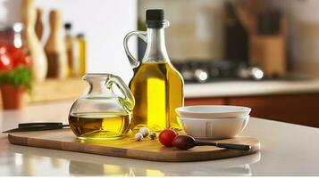 jarro e garrafa do cozinhando óleo com ingredientes em mesa dentro cozinha. generativo ai foto