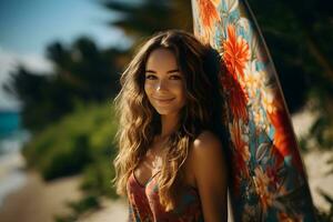 retrato do à moda latim ondulado cabelo mulher em pé às de praia. jovem sorridente mulher em período de férias apreciar mar brisa e olhando às Câmera. verão e feriado conceito. generativo ai foto