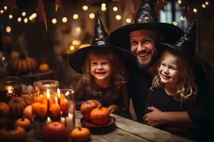 feliz família pai e crianças dentro fantasias dentro celebração do dia das Bruxas às lar. generativo ai, ilustrat foto
