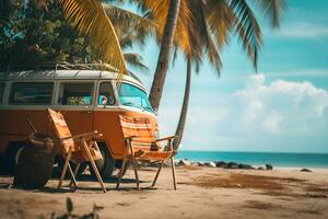 pronto para verão viagem. laranja furgão com Palma árvore, de praia cadeira e de praia acessórios. verão e feriado conceito. ai generativo foto