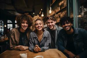 multirracial grupo do feliz amigos estão falando e tendo Diversão em finais de semana dentro café fazer compras. amigo dia, diversidade, estilo de vida conceito. generativo ai foto