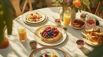 a sobrecarga Visão do comum café da manhã cena, destacando compartilhado refeições dentro manhã luz solar ai generativo foto
