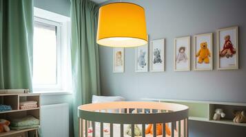interior do luz crianças quarto com bebê macacões. generativo ai foto