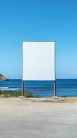 impressionante imagem do uma em branco Painel publicitário quadro, Armação em uma desolado praia, sem fim publicidade possibilidades ai generativo foto