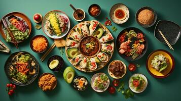 a sobrecarga instantâneo do internacional cozinha Sushi massa e tacos em uma colorida toalha de mesa ai generativo foto