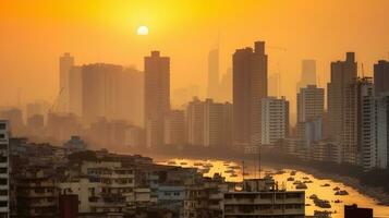 ar poluição conceito - moderno arranha-céus rico edifícios e pobre favelas às pôr do sol. generativo ai foto