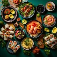 a sobrecarga instantâneo do internacional cozinha Sushi massa e tacos em uma colorida toalha de mesa ai generativo foto