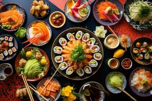a sobrecarga instantâneo do internacional cozinha Sushi massa e tacos em uma colorida toalha de mesa ai generativo foto