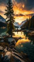 etéreo panorama tiro capturando a do sol dourado matiz sobre majestoso montanhas e sereno lagos ai generativo foto