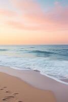 tranquilo de praia cena às crepúsculo com suave pôr do sol cores Misturando para dentro céu para amplo cópia de espaço ai generativo foto