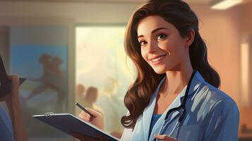 fêmea médico com prancheta falando para sorridente mulher paciente às hospital. generativo ai foto