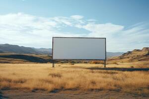 rural tranquilidade apresentando uma em branco Painel publicitário quadro, Armação contra rolando colinas, inexplorado publicidade potencial ai generativo foto