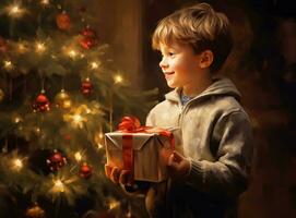 uma jovem Garoto é animado para aberto dele natal presente debaixo a Natal árvore foto