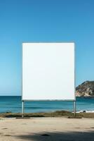 impressionante imagem do uma em branco Painel publicitário quadro, Armação em uma desolado praia, sem fim publicidade possibilidades ai generativo foto