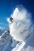 a Nevado lançamento - uma esquiador salto do adrenalina e aventura ai generativo foto