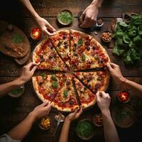 a sobrecarga tiro do compartilhado pizza representando culinária deleite e comunidade ai generativo foto