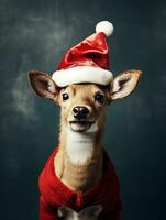 engraçado Natal veado dentro papai noel chapéu. fofa pequeno veado dentro uma santa terno em uma azul fundo. fechar - acima retrato do uma feliz animal. foto