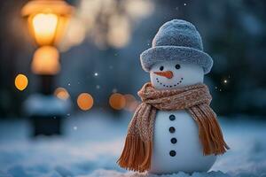 boneco de neve dentro cachecol e chapéu, carvão botões. gelado texturizado detalhes este lembrar você do a alegria do inverno. ai gerado. foto