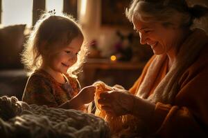 uma doce criança - uma pequeno neta - é Aprendendo para tricotar com dela avó. tipo e sincero atmosfera. ai gerado. foto