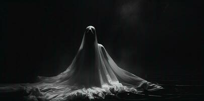 fantasma coberto dentro branco pano, envolto dentro escuridão, ambíguo simbolismo. ai gerado. foto