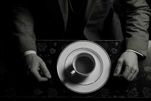 uma homem dentro uma o negócio terno senta atrás a Barra preparando para beber café. tiro a partir de acima dentro Preto e branco. ai gerado. foto