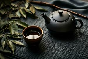 topo baixa Visão do uma japonês fundida ferro chá chaleira, sentado Próximo para uma cerâmico chá xícara, inspirado de wabi-sabi estética. ai gerado. foto