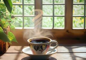 ai gerado fechar-se Visão do uma copo do fresco quente café com leite café em a de madeira mesa dentro a manhã. foto