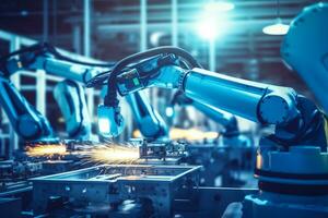 automático robótico braços para eletrônico montagem linha dentro uma inteligente moderno fábrica. moderno robôs dentro industrial Produção. generativo ai. foto