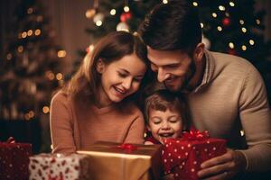 feliz família pai e criança a comemorar e abertura uma presente caixa às Natal véspera e Novo ano festa juntos com Diversão. generativo ai. foto