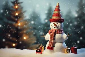 boneco de neve e Natal árvore decorar com presente caixas dentro inverno fundo. feriado digital ilustração para Projeto cartão, poster ou bandeira dentro Natal festival. generativo ai. foto