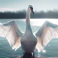 cisne em pé dentro a lago asas espalhar dentro uma inverno ensolarado dia. ai generativo foto