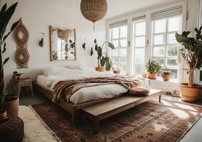 limpar \ limpo branco parede atrás cama e mobília moderno natural luz vivo quarto ai gerado imagem foto
