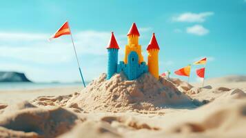 areia castelo com bandeiras em a de praia ai gerado foto