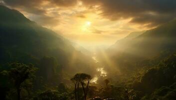 pôr do sol dentro a montanhas com Palma árvores e enevoado rio ai gerado foto