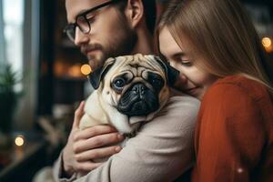 retrato do homem e mulher abraçando fofa pug cachorro. animal conceito foto