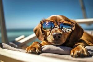 cachorro cachorro vestindo oculos de sol, deitado em uma espreguiçadeira para banho de sol às a de praia mar em verão férias, feriados. engraçado conceito. ai generativo foto