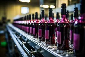 uma cuidadosamente preenchidas vinho garrafa em a transportador linha isolado em uma gradiente fundo foto