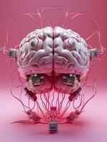 grande Rosa humano cérebro com muitos audio jack cabos obstruído dentro isto barin, 3d renderizar, ai generativo foto