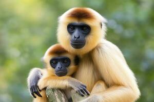 fechar imagem do bochecha gibão macaco mãe com uma criança dentro a floresta. generativo ai foto