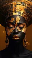 a arte do embelezamento a corpo. africano americano beleza com gráfico dourado padronizar em dela face e corpo. corpo pintura com étnico motivos e ornamento.banner ou poster foto