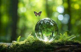 borboleta e cristal bola em uma árvore toco dentro a floresta, natural verde fundo. generativo ai foto