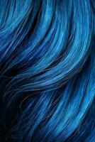 uma fechar-se Visão do uma grupo do brilhante extremo azul cabelo dentro uma ondulado estilo.social meios de comunicação conteúdo para beleza salões. cabelo corante cor dentro a Catálogo. generativo ai foto