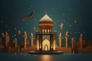 ilustração do eid Mubarak noite com luz do uma lâmpada, papel estilo, luxo feliz eid fundo, ai generativo foto