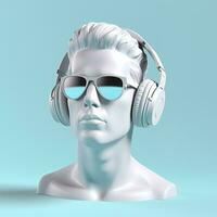 mínimo cena do oculos de sol e fones de ouvido em humano cabeça escultura, música conceito, 3d Renderização. ai generativo foto